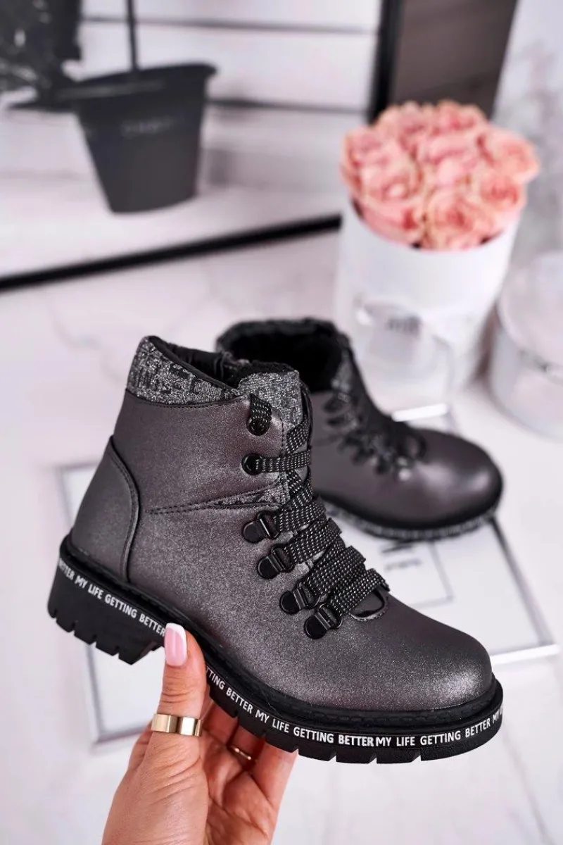 Best Evento Dziecięce młodzieżowe botki z kożuszkiem szare Snowflake