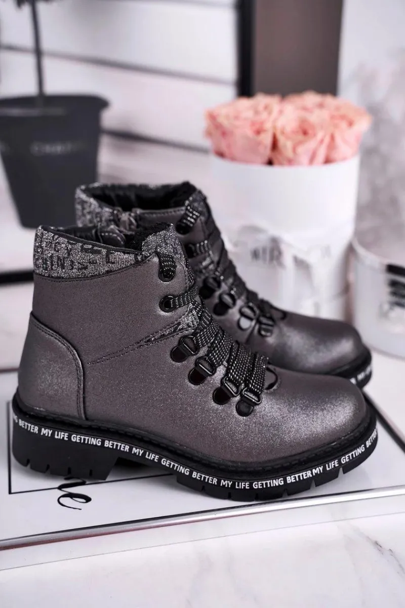 Best Evento Dziecięce młodzieżowe botki z kożuszkiem szare Snowflake