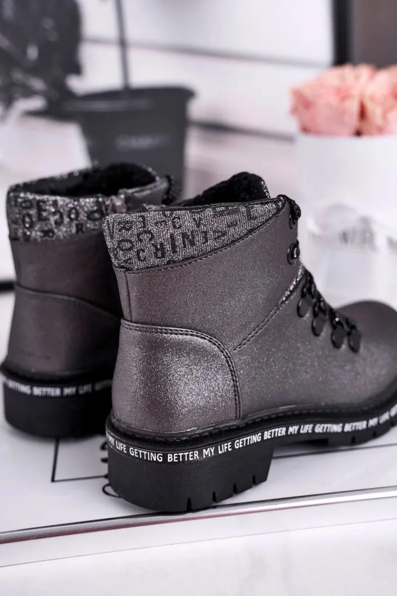 Best Evento Dziecięce młodzieżowe botki z kożuszkiem szare Snowflake