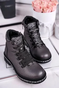 Best Evento Dziecięce młodzieżowe botki z kożuszkiem szare Snowflake