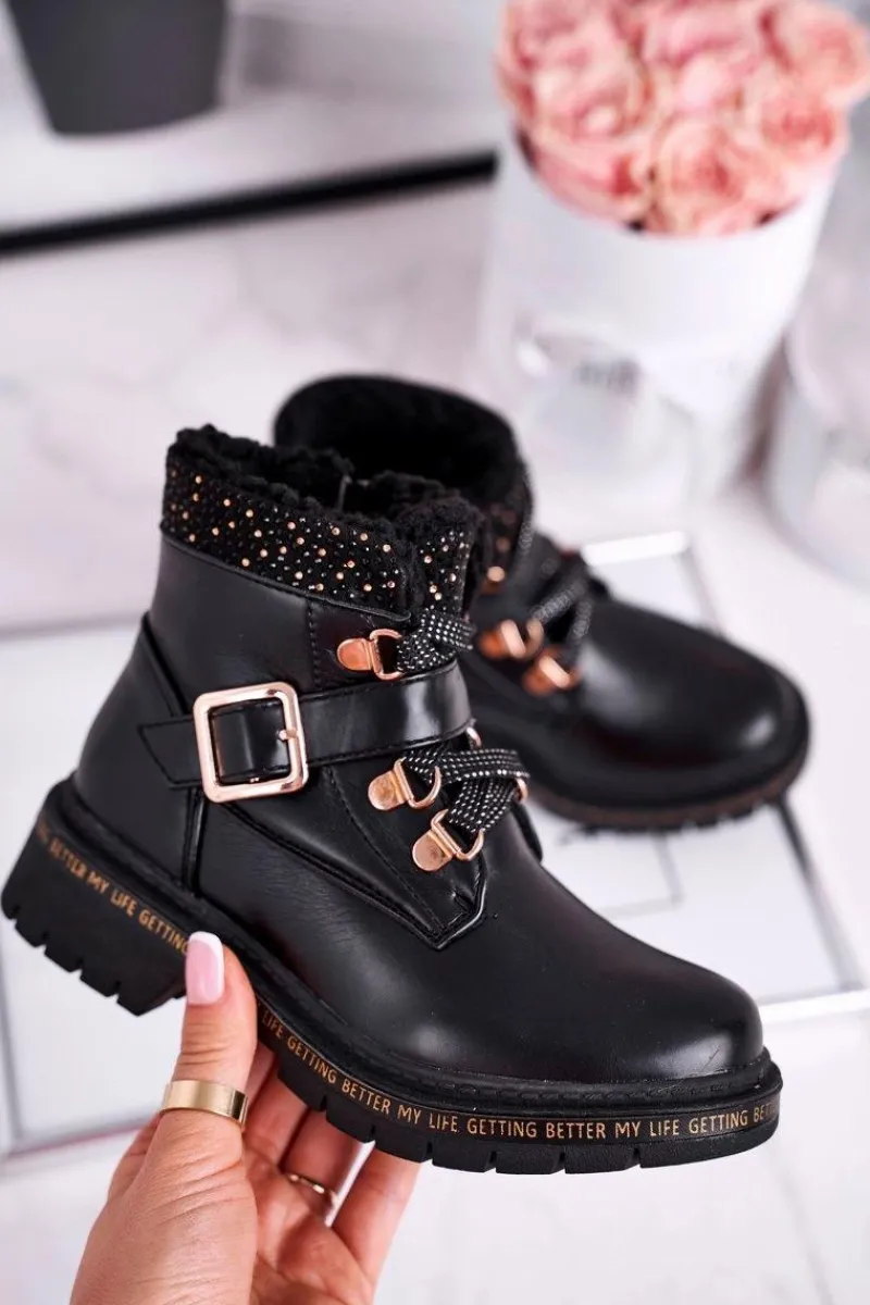 Clearance Evento Dziecięce młodzieżowe botki z kożuszkiem czarne Rhythm