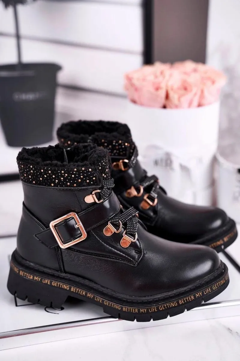 Clearance Evento Dziecięce młodzieżowe botki z kożuszkiem czarne Rhythm