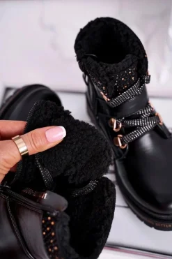 Clearance Evento Dziecięce młodzieżowe botki z kożuszkiem czarne Rhythm