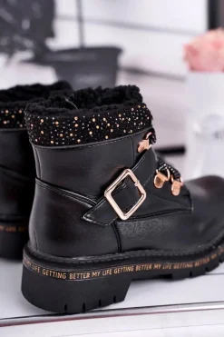 Clearance Evento Dziecięce młodzieżowe botki z kożuszkiem czarne Rhythm