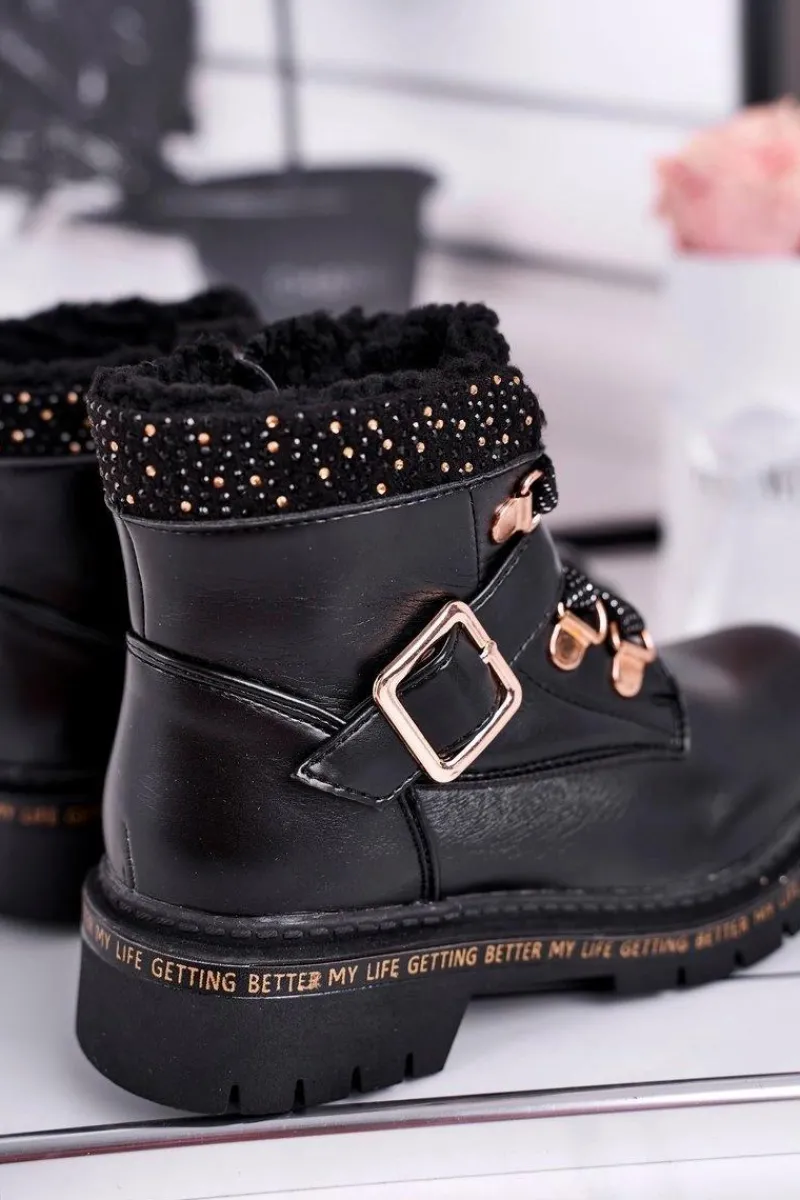 Clearance Evento Dziecięce młodzieżowe botki z kożuszkiem czarne Rhythm