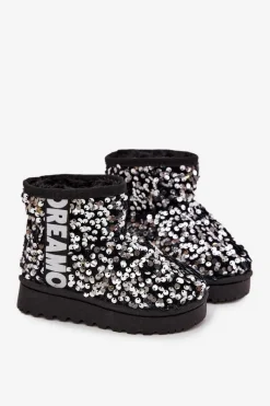 Dziewczęce></noscript>Boto Dziecięce Śniegowce Botki Ocieplane Z Cekinami Czarno-Srebrne Rebbica Srebrny
