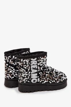 Dziewczęce></noscript>Boto Dziecięce Śniegowce Botki Ocieplane Z Cekinami Czarno-Srebrne Rebbica Srebrny