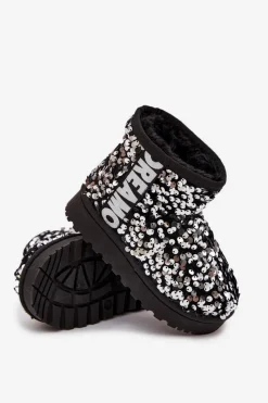 Dziewczęce></noscript>Boto Dziecięce Śniegowce Botki Ocieplane Z Cekinami Czarno-Srebrne Rebbica Srebrny
