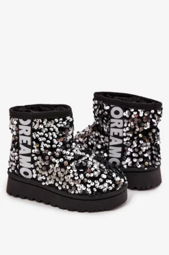 Dziewczęce></noscript>Boto Dziecięce Śniegowce Botki Ocieplane Z Cekinami Czarno-Srebrne Rebbica Srebrny