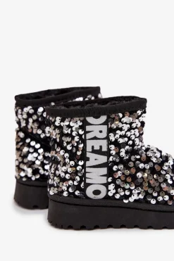 Dziewczęce></noscript>Boto Dziecięce Śniegowce Botki Ocieplane Z Cekinami Czarno-Srebrne Rebbica Srebrny