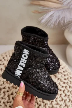 Dziewczęce>Boto Dziecięce Śniegowce Botki Ocieplane Z Cekinami Czarne Rebbica Czarny