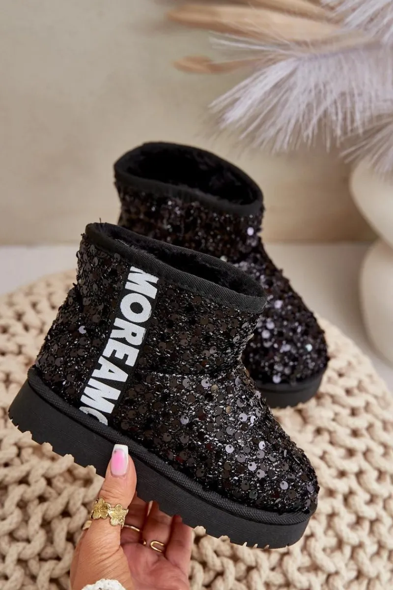 Dziewczęce>Boto Dziecięce Śniegowce Botki Ocieplane Z Cekinami Czarne Rebbica Czarny