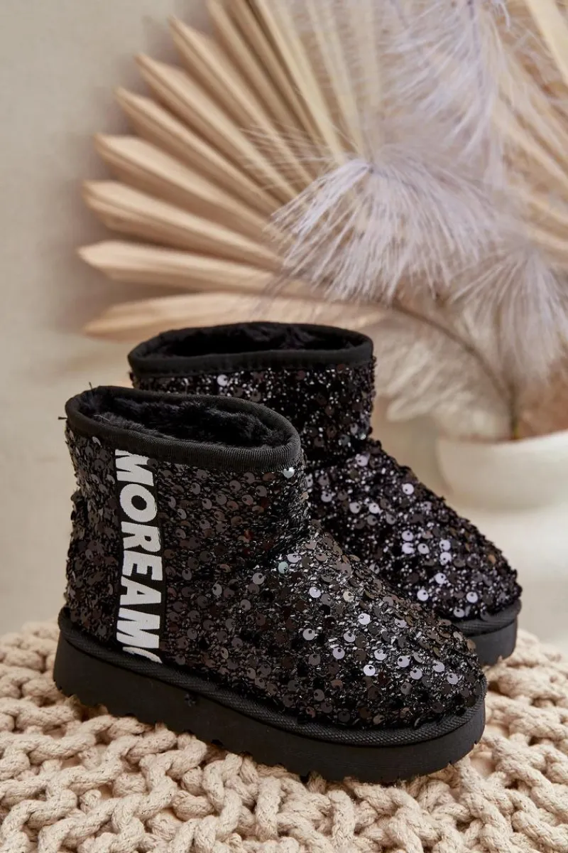 Dziewczęce>Boto Dziecięce Śniegowce Botki Ocieplane Z Cekinami Czarne Rebbica Czarny
