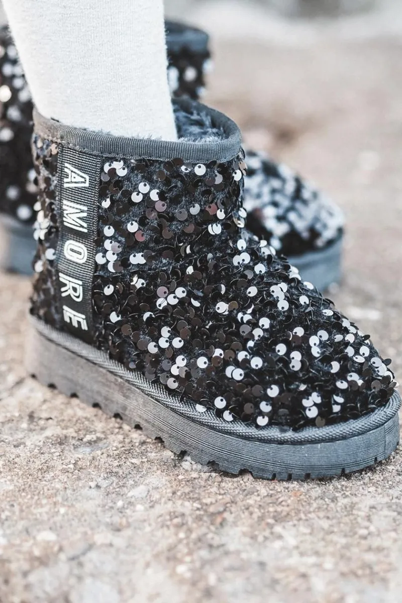 Dziewczęce>Boto Dziecięce Śniegowce Botki Ocieplane Z Cekinami Czarne Rebbica Czarny