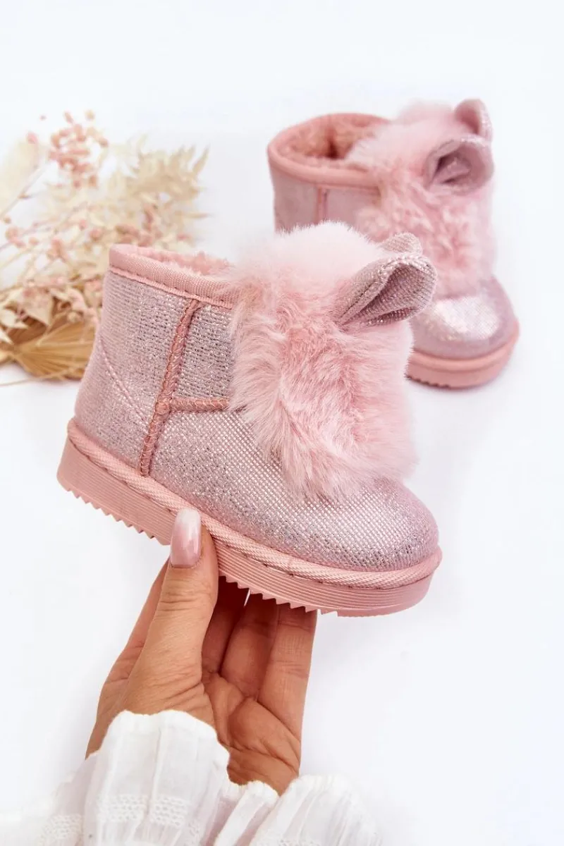 Dziewczęce>Boto Dziecięce Śniegowce Ocieplane Futerkiem Z Uszkami Jasnoróżowe Betty