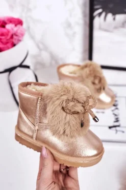 Outlet Dziecięce Śniegowce Ocieplane Futerkiem Różowe Złoto Aurora Dzieci Dziewczęce