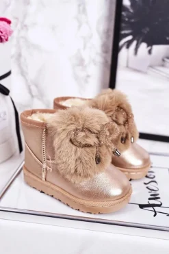 Outlet Dziecięce Śniegowce Ocieplane Futerkiem Różowe Złoto Aurora Dzieci Dziewczęce
