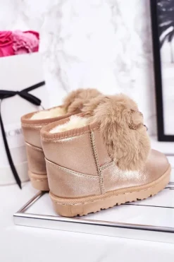 Outlet Dziecięce Śniegowce Ocieplane Futerkiem Różowe Złoto Aurora Dzieci Dziewczęce