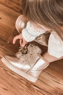 Outlet Dziecięce Śniegowce Ocieplane Futerkiem Różowe Złoto Aurora Dzieci Dziewczęce