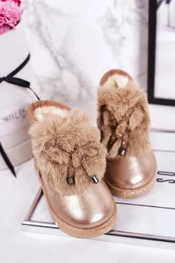 Outlet Dziecięce Śniegowce Ocieplane Futerkiem Różowe Złoto Aurora Dzieci Dziewczęce