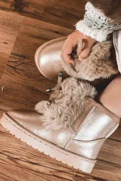 Outlet Dziecięce Śniegowce Ocieplane Futerkiem Różowe Złoto Aurora Dzieci Dziewczęce