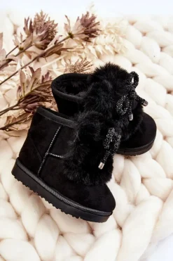 Dziecięce Śniegowce Ocieplane Futerkiem Zamszowe Czarne Amelia Dzieci Dziewczęce