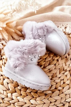 Online Boto Dziecięce Śniegowce Ocieplane Futerkiem Srebrne Bonni