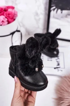 Dziewczęce>Boto Dziecięce Śniegowce Ocieplane Futerkiem Z Uszami Czarne Bunny