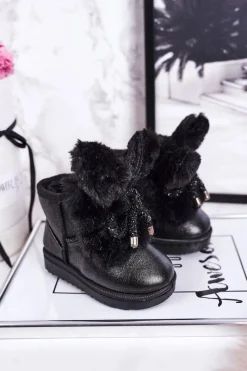 Dziewczęce>Boto Dziecięce Śniegowce Ocieplane Futerkiem Z Uszami Czarne Bunny