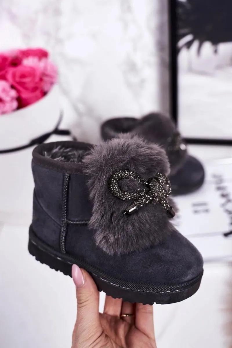 Dziewczęce>Boto Dziecięce Śniegowce Ocieplane Futerkiem Zamszowe Szare Amelia