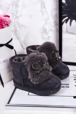 Dziewczęce>Boto Dziecięce Śniegowce Ocieplane Futerkiem Zamszowe Szare Amelia