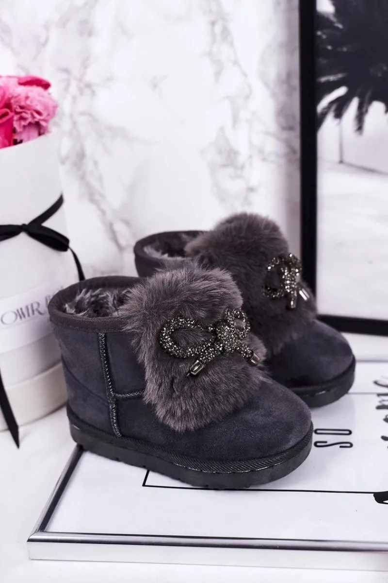 Dziewczęce>Boto Dziecięce Śniegowce Ocieplane Futerkiem Zamszowe Szare Amelia