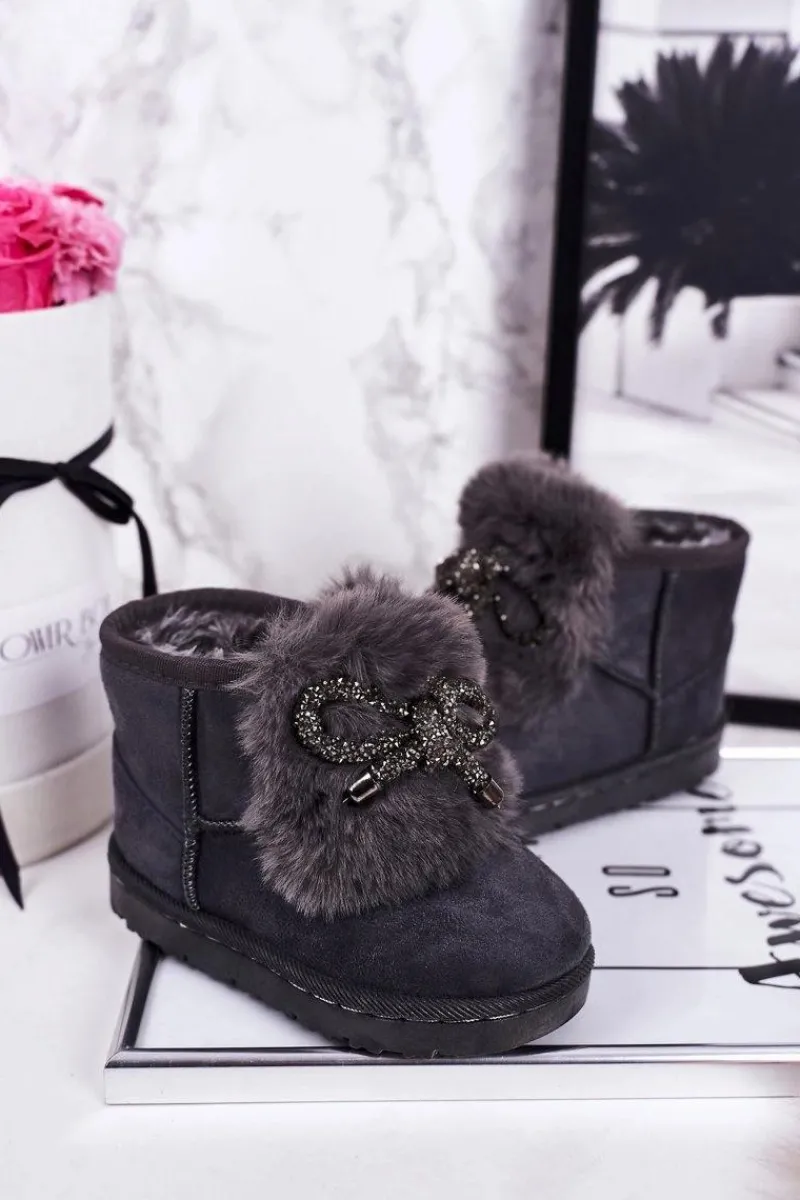 Dziewczęce>Boto Dziecięce Śniegowce Ocieplane Futerkiem Zamszowe Szare Amelia