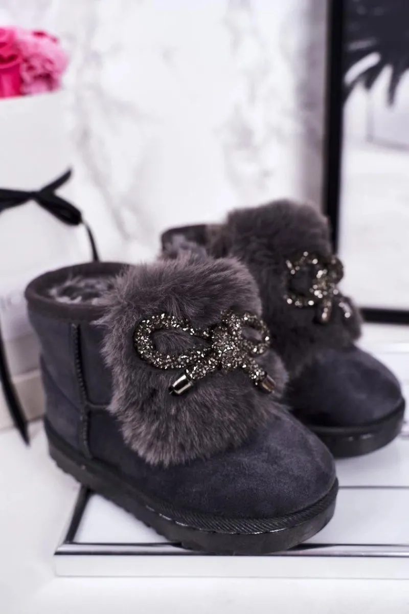 Dziewczęce>Boto Dziecięce Śniegowce Ocieplane Futerkiem Zamszowe Szare Amelia