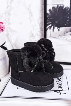 Hot Boto Dziecięce Śniegowce Ocieplane Futerkiem Zamszowe Czarne Amelia