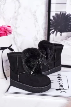 Hot Boto Dziecięce Śniegowce Ocieplane Futerkiem Zamszowe Czarne Amelia