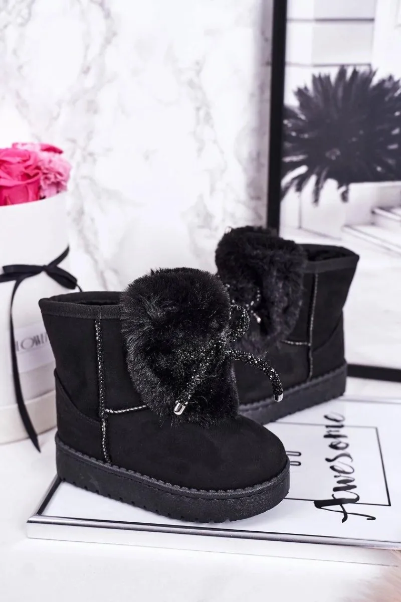 Hot Boto Dziecięce Śniegowce Ocieplane Futerkiem Zamszowe Czarne Amelia