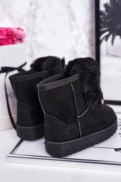 Hot Boto Dziecięce Śniegowce Ocieplane Futerkiem Zamszowe Czarne Amelia