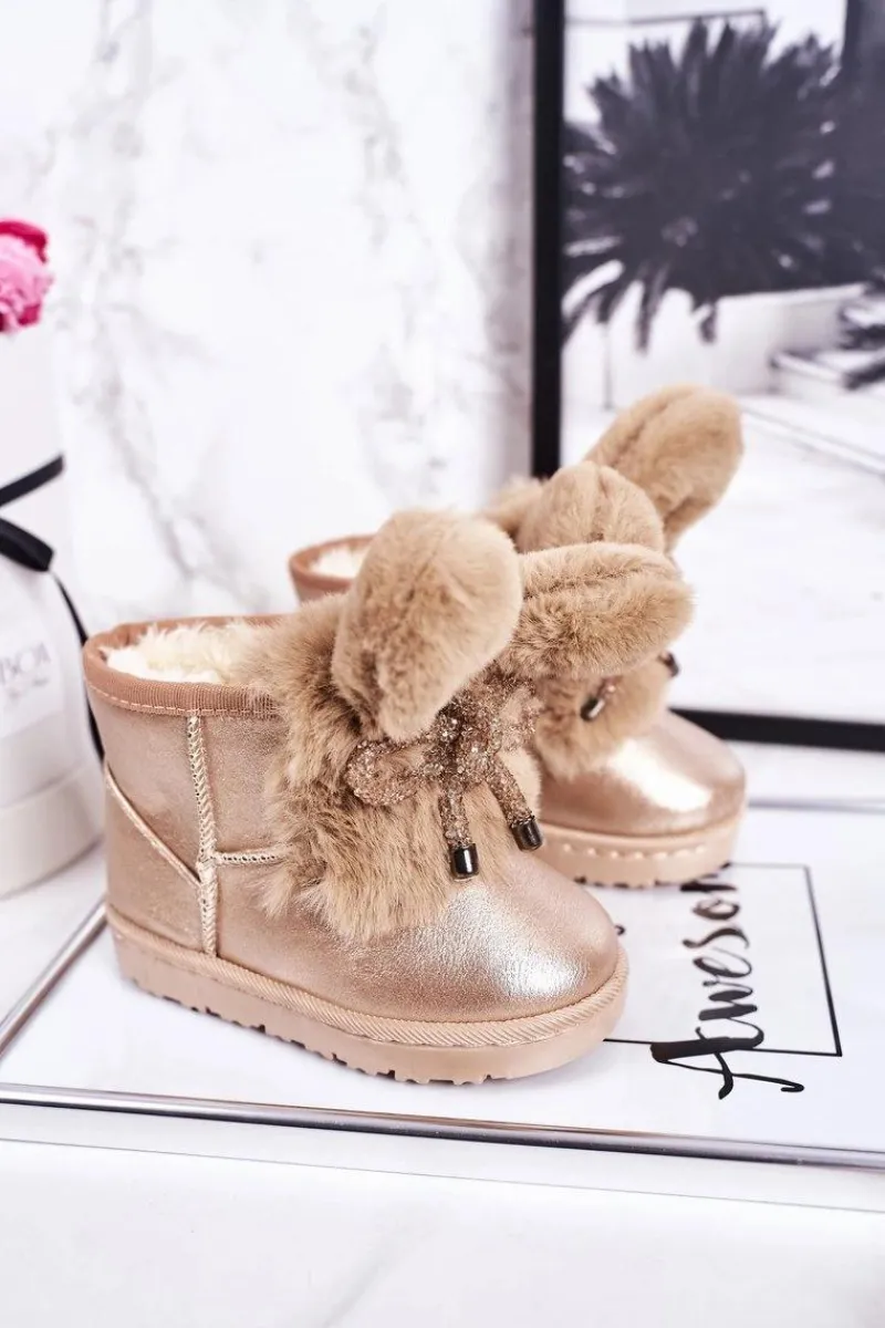 Hot Boto Dziecięce Śniegowce Ocieplane Futerkiem Z Uszami Różowe Złoto Bunny