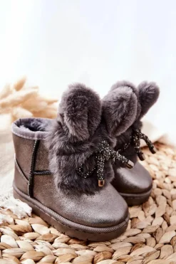 Boto Dziecięce Śniegowce Ocieplane Futerkiem Z Uszami Szare Bunny