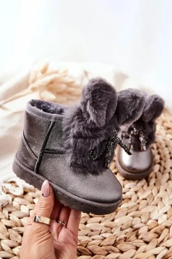 Boto Dziecięce Śniegowce Ocieplane Futerkiem Z Uszami Szare Bunny