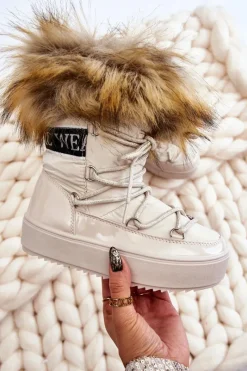 Boto Dziecięce Śniegowce Ocieplane Sznurowane Beżowe Colioris Beżowy