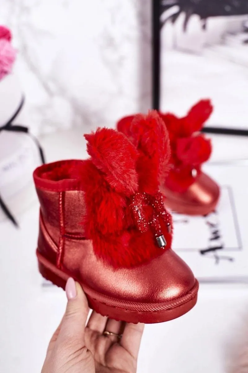 Dziecięce Śniegowce Ocieplane Futerkiem Z Uszami Czerwone Bunny Dzieci Dziewczęce