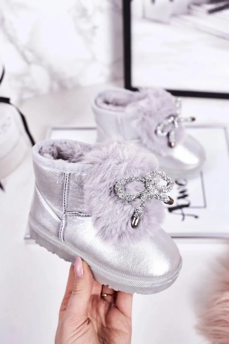 Dziewczęce>Boto Dziecięce Śniegowce Ocieplane Futerkiem Srebrne Aurora Srebrny