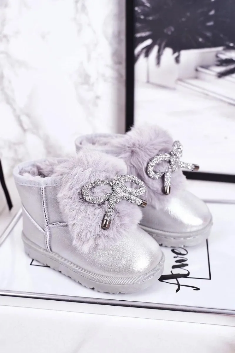 Dziewczęce>Boto Dziecięce Śniegowce Ocieplane Futerkiem Srebrne Aurora Srebrny