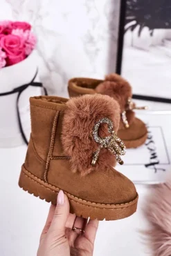 Dziewczęce>Boto Dziecięce Śniegowce Ocieplane Futerkiem Zamszowe Karmelowe Amelia