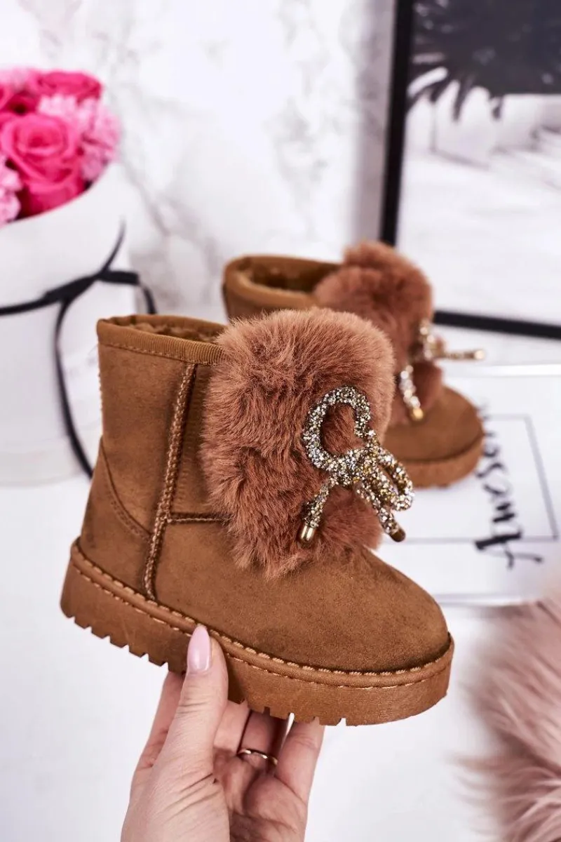 Dziewczęce>Boto Dziecięce Śniegowce Ocieplane Futerkiem Zamszowe Karmelowe Amelia