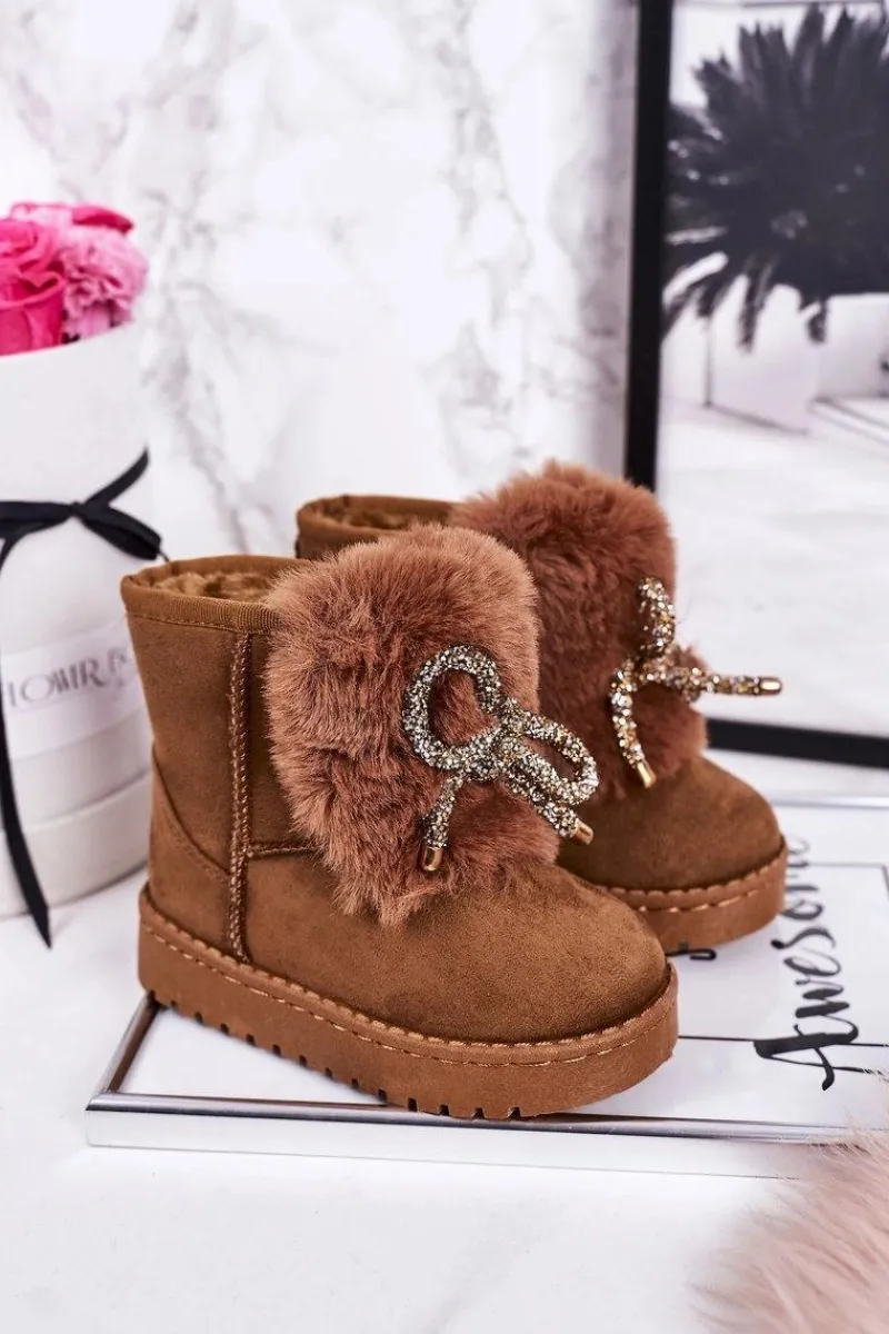 Dziewczęce>Boto Dziecięce Śniegowce Ocieplane Futerkiem Zamszowe Karmelowe Amelia