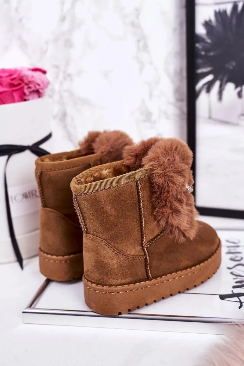 Dziewczęce>Boto Dziecięce Śniegowce Ocieplane Futerkiem Zamszowe Karmelowe Amelia