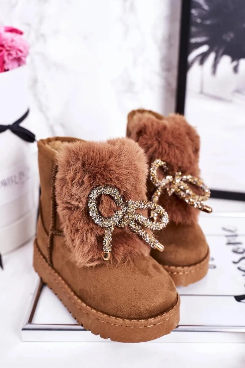 Dziewczęce>Boto Dziecięce Śniegowce Ocieplane Futerkiem Zamszowe Karmelowe Amelia